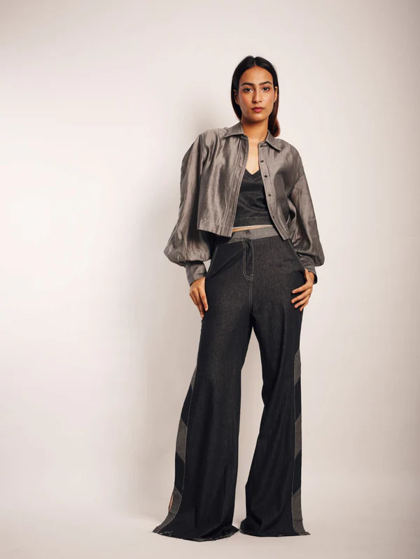 GREY CROP SAREE SHIRT PANTS SET